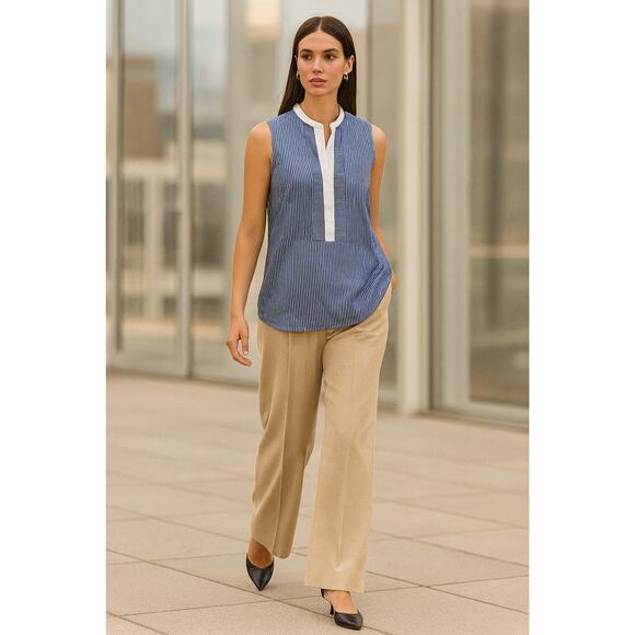 Vince Tops - Vince Sleeveless Striped Blue White Tunic Blouse 8 Cotton Coastal Summer Shirt
